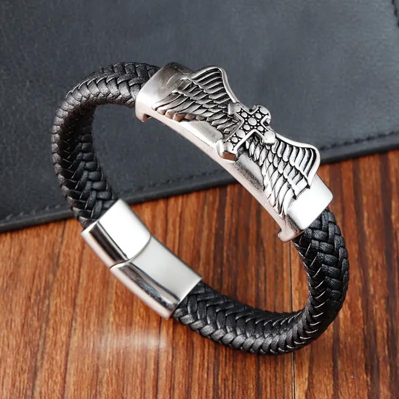 Image of THE MEN THING Leather Bracelet for Men - American Style Genuine Leather Multi-Layer Braided Bracelet with 100% Stainless Steel Magnetic Buckle for Men & Boys (8 inch)