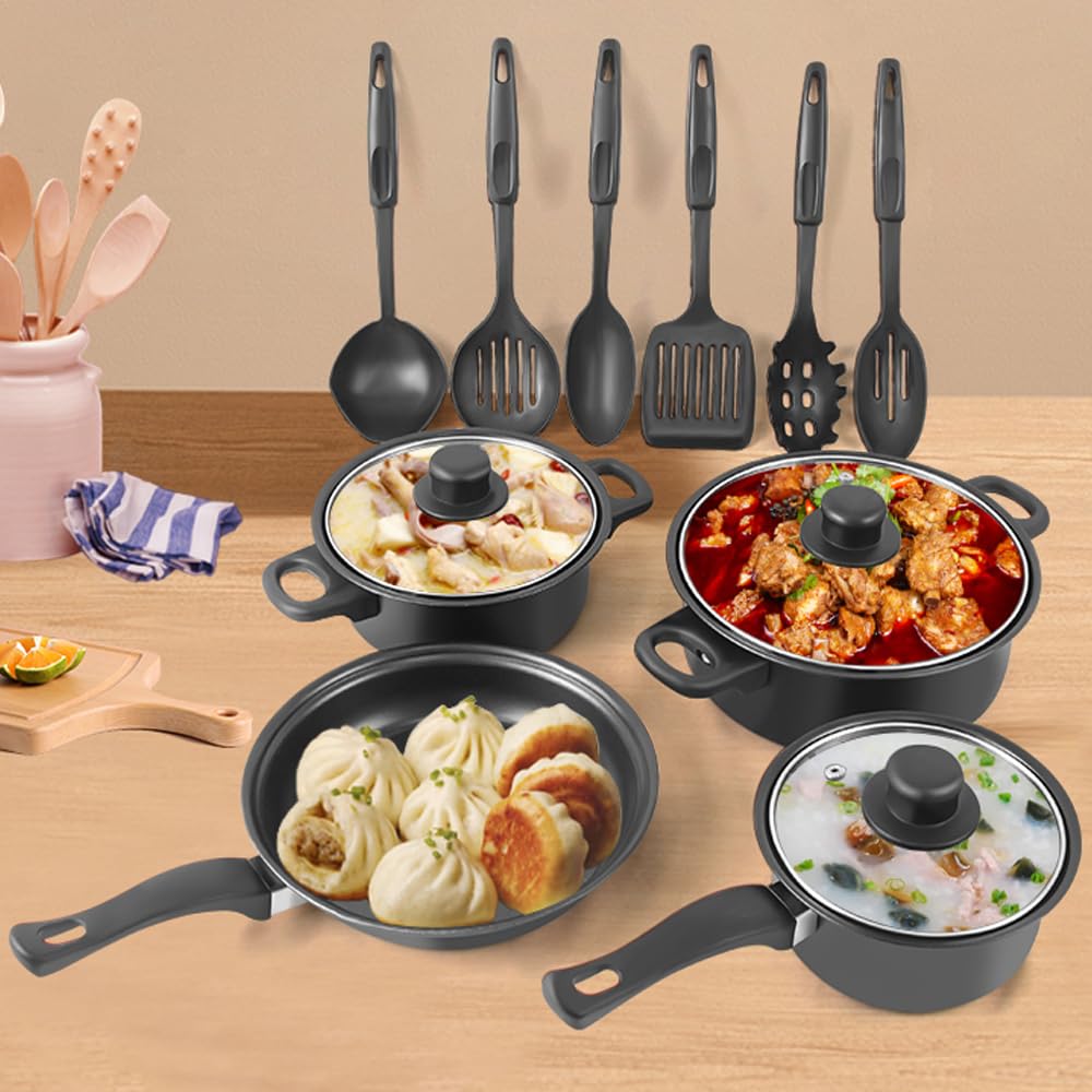 Non-Stick Pots And Pans Set 13-Piece Kitchen Non-Stick Cookware Set, Black Thirteen piece set of pot, non stick soup pot, milk pot, frying pan, multiple piece set of pot (black A)
