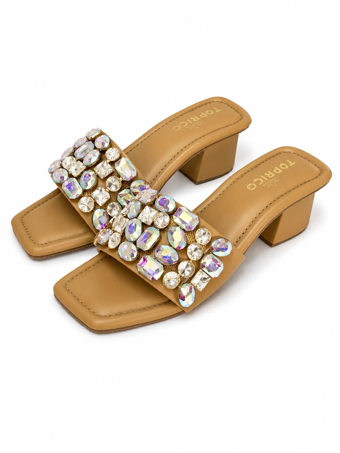 Women Tan Cushion Soft Embroidered Block Heel Sandals Party | 266-image-46
