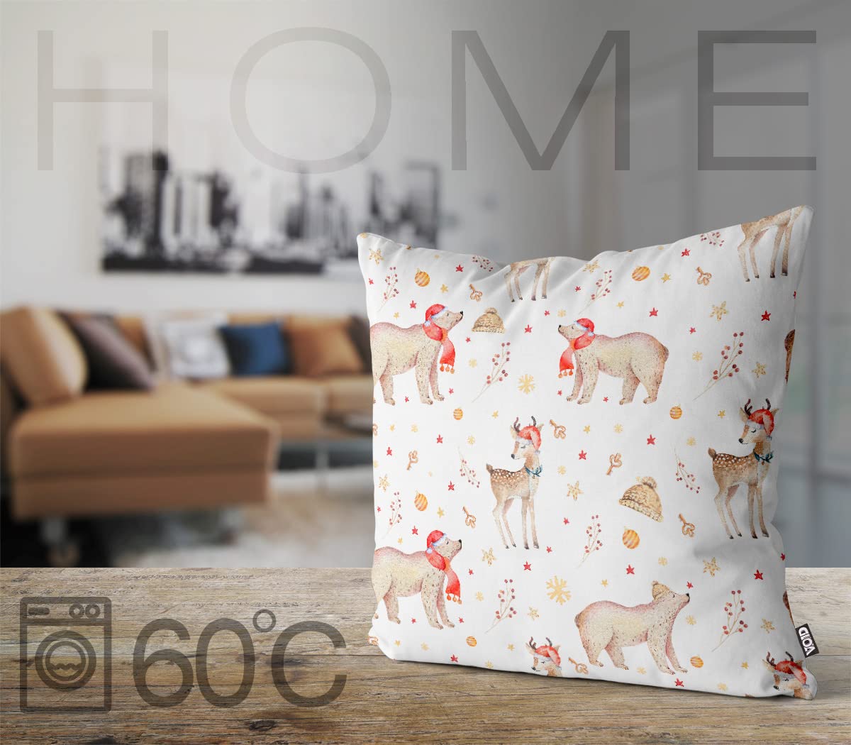 VOID Orso Cervo Natale Animali Natalizi Cuscini federe Poliestere Impermeabile per Uso Outdoor e Indoor, Kissen Size:60 x 60 cm