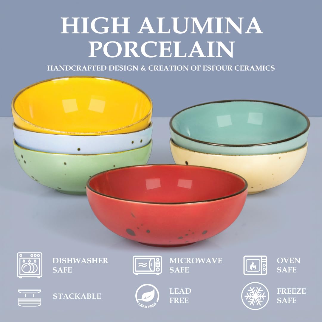 Esfour Cuencos redondos de porcelana – 18 onzas – Juego de 6 – Apto para microondas, horno, lavavajillas, resistente a los arañazos, cuencos pequeños de porcelana duraderos para cereales, ensalada