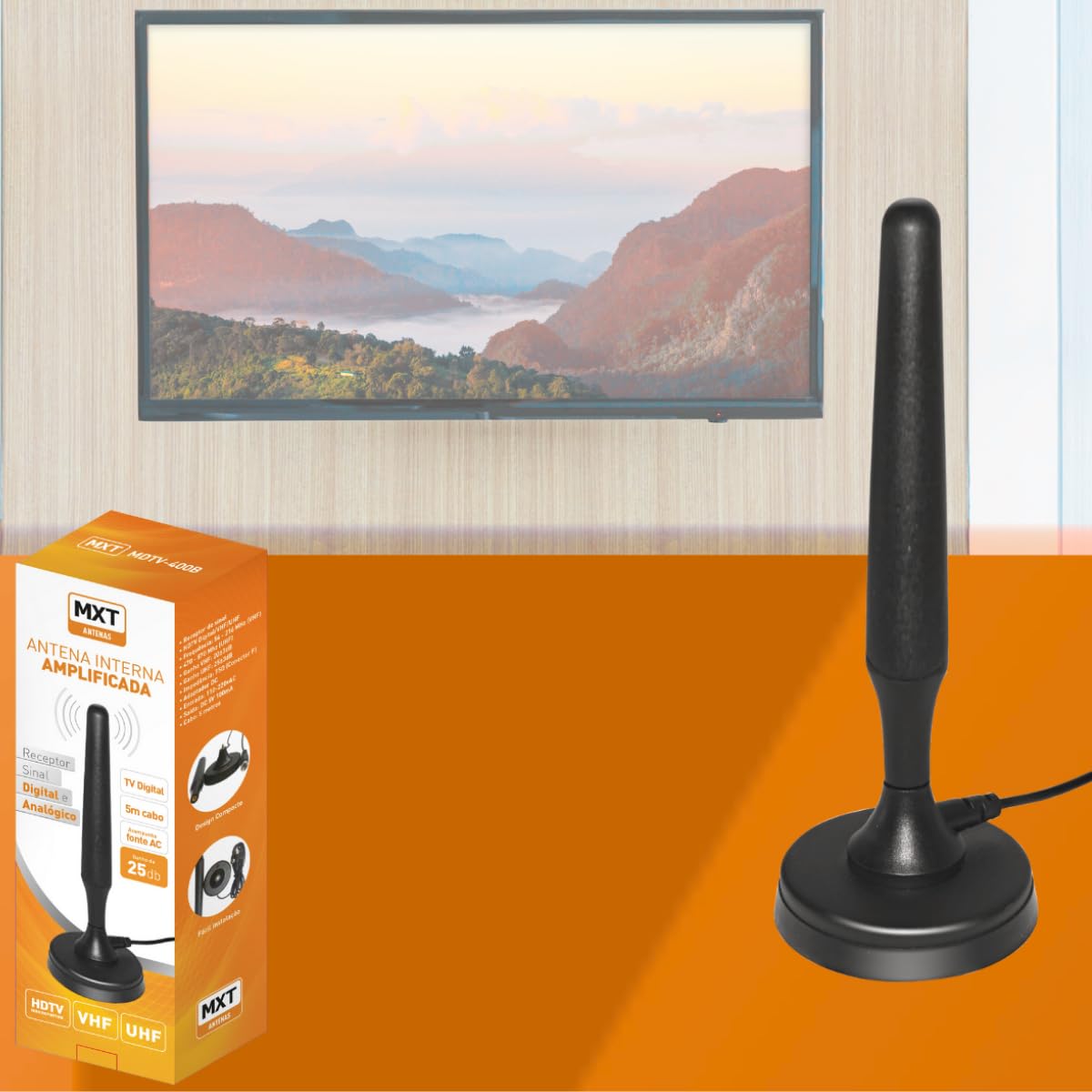 Antena Interna Amplificada MXT MDTV-400B HDTV VHF UHF 5 metros