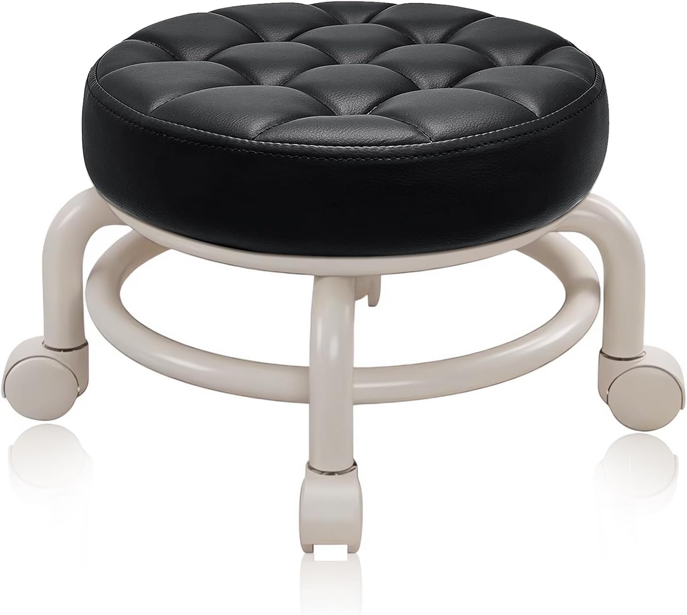 Round Rolling Low Stool- PU Leather Low Stool 360° More Comfortable Swivel with Thickened Sponge Cushion for Nail Salon, Pedicure, SPA and Home (Black)