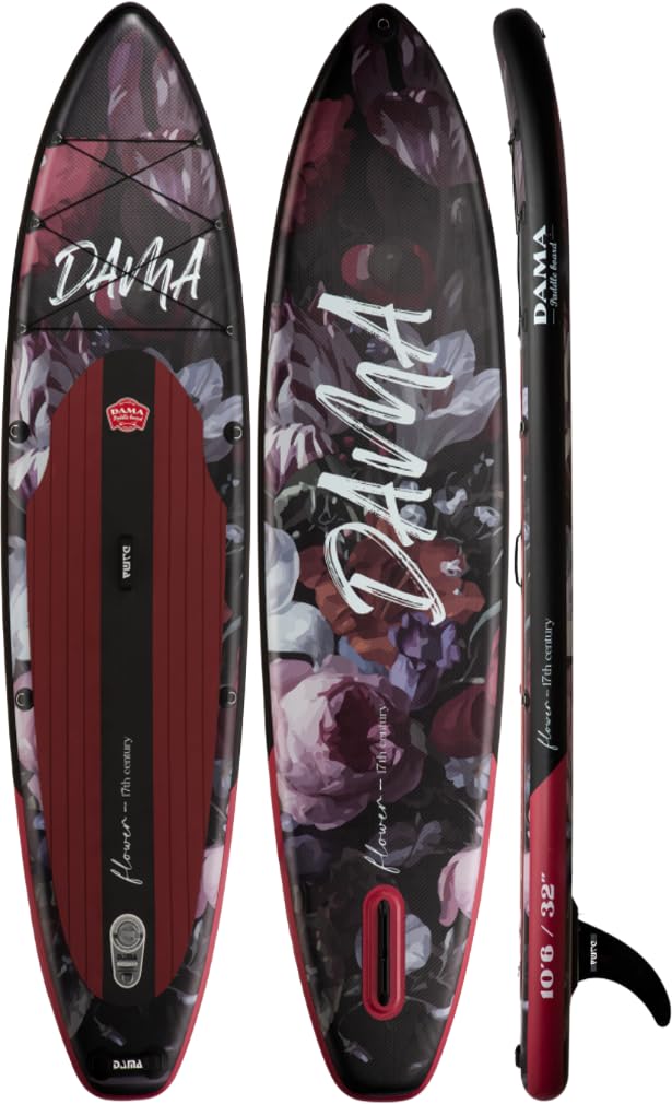 DAMA Dark Flower Tabla de Paddle Surf Hinchable, Sup Paddle Board Inflable 320 x 81 x 15 cm, Antideslizante, hasta 145 kg, Remo Doble, Bomba, Mochila, Correa de Seguridad, Bolsa Estanca y Funda Móvil