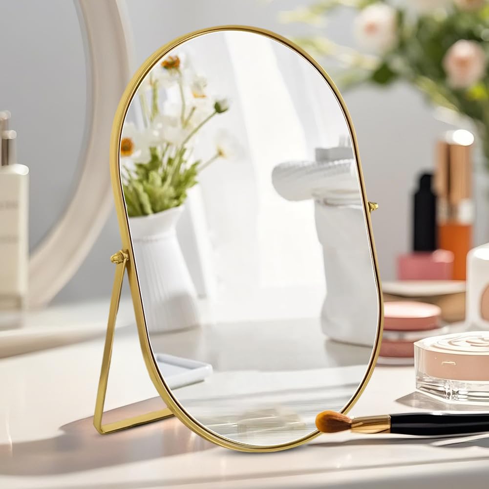 Makeup Mirror Oval Vanity Mirror Large Cosmetic Vanity Mirror Metal Frame with Stand 360° Swivel & Adjustable HD Definition Countertop Tabletop Mirrors for Vanity Dresser, Bathroom, Bedroom, Desk — image 1