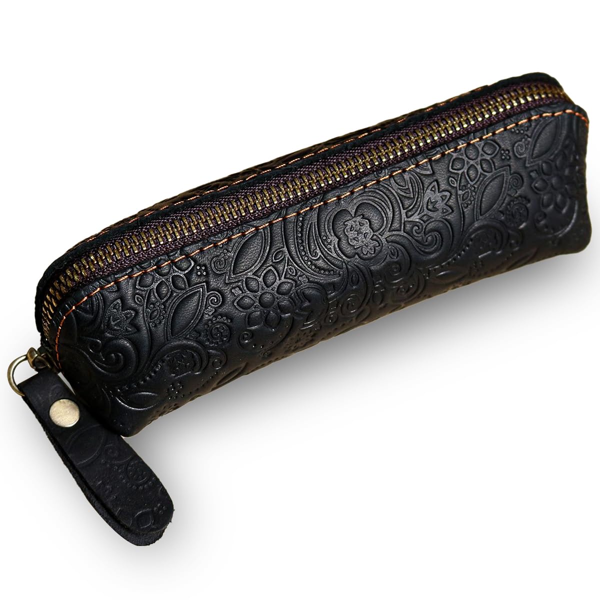 Vintage Leather Pen Case, Handcrafted Genuine Leather Zippered Fountain Pen Pouch, Flower Makeup Holder Stationery Bag for Men and Women(Black)