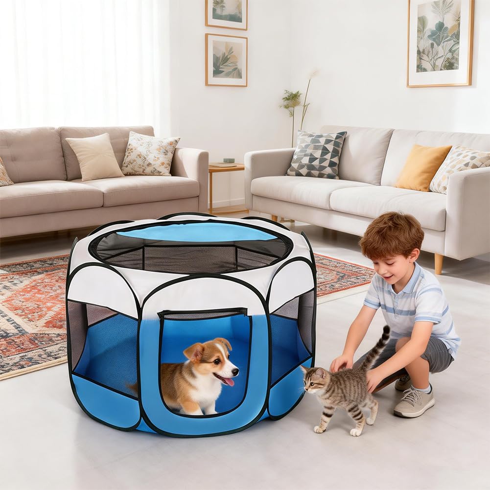 Recinto pieghevole per cuccioli e cani 74x74x43cm, recinto per gatti, recinto per piccoli animali per casa, recinto per cani, gatti e conigli per interni ed esterni (Blu)