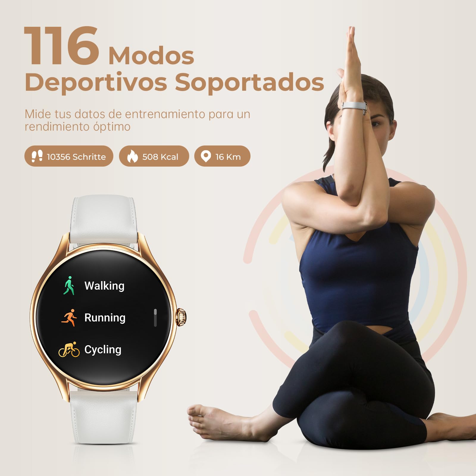 Reloj Inteligente Mujer con Pantalla AMOLED 1,43" Smartwatch Deportivo Impermeable IP68, Monitor Sueño/SpO2/Ciclo Menstrual, 120+ Modos Deporte Diseño Ultra Delgado Elegante (Oro Rosa/Blanco)