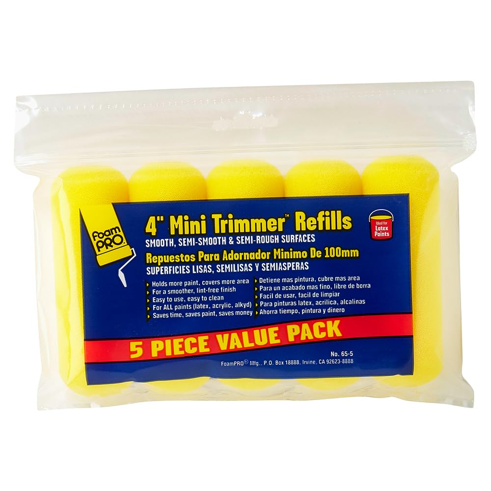 FoamPRO 65-5 Mini Trimmer Refill - 4-Inch Paint Rollers for Precision Painting- with 3/8 in Nap - Pack of 5, Yellow