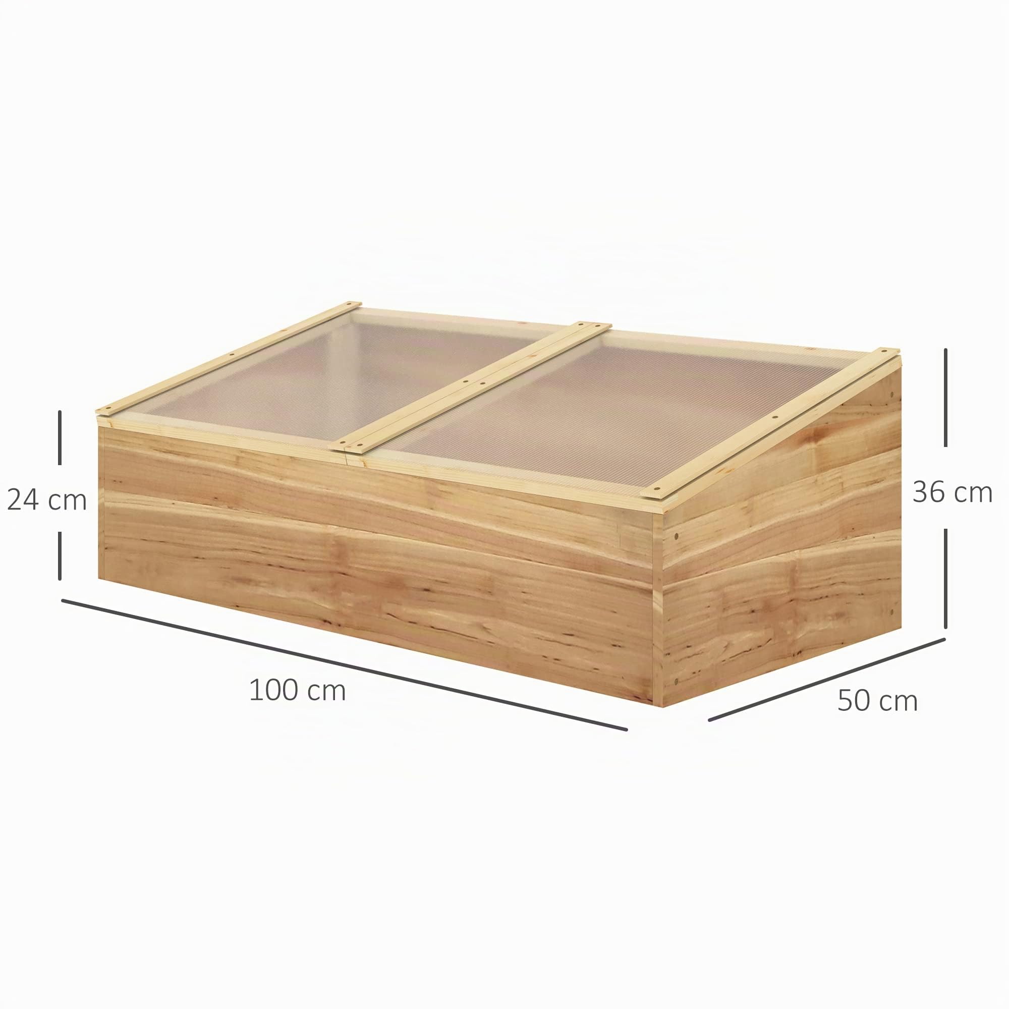 Outsunny Wooden Cold Frame Greenhouse Garden 100 x 50 x 36 cm Natural | Polycarbonate Grow House, Independent Openable Top Covers, for Flowers, Vegetables, Plants