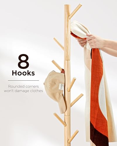 Miniatura 4 de AMADA HOMEFURNISHING Perchero de madera independiente con 8 ganchos, árbol de abrigo con 3 configuraciones de altura para entrada, pasillo,