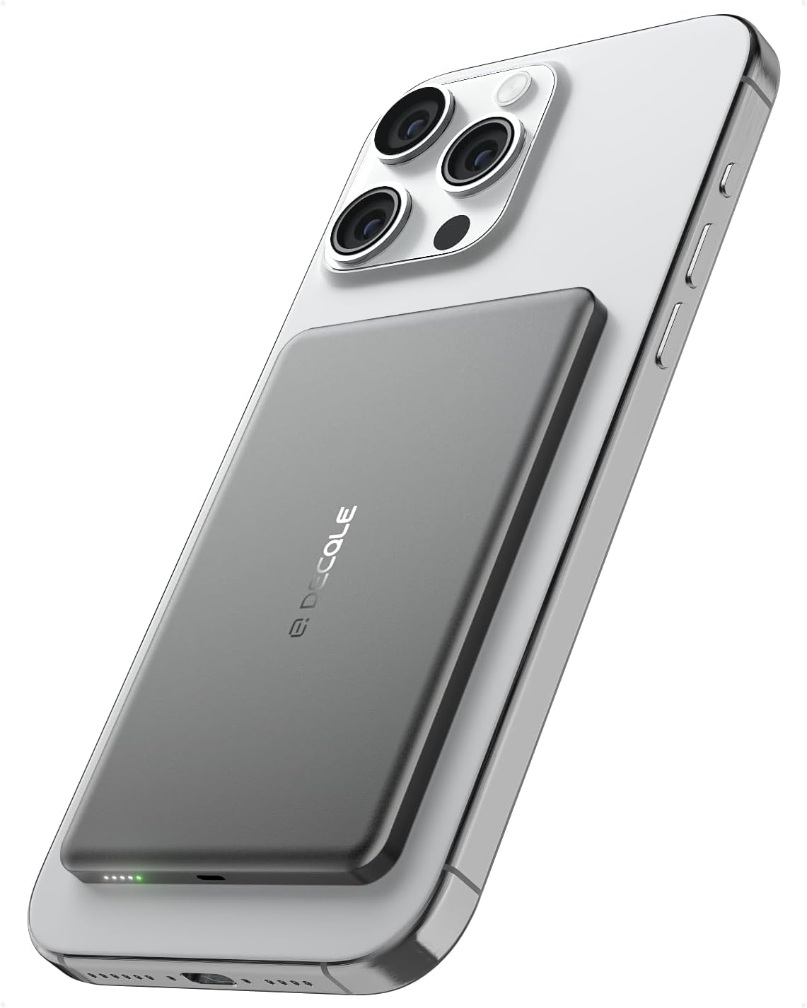 decqle “Air” Power Bank for MagSafe 5000mAh, Ultra Slim Magnetic Wireless Portable Battery Charger Case with USB-C Cable, Compatible with iPhone 17/16/15/14/13/12 Series Only (Grey)