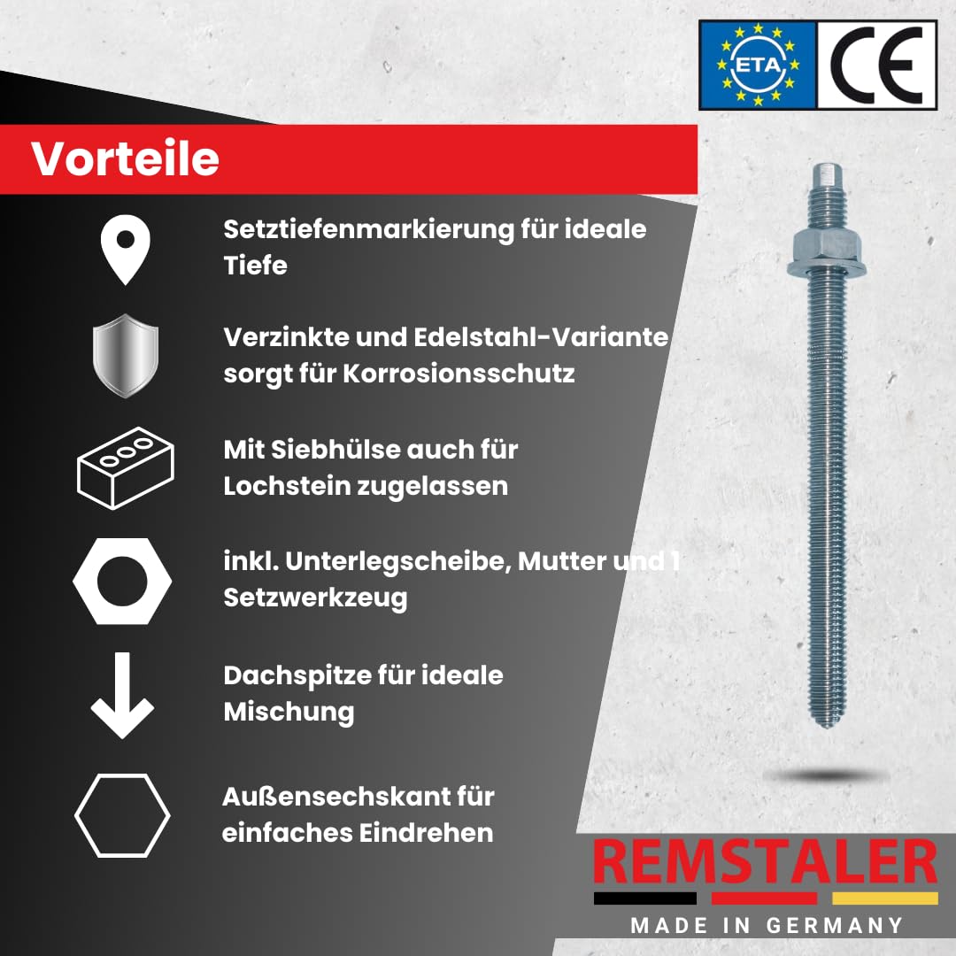 10x Remstaler ANKERSTANGE | M8 M10 M12 M16 M20 | Stahl verzinkt | -HÖCHSTE QUALITÄT- bester Preis (M16x300)
