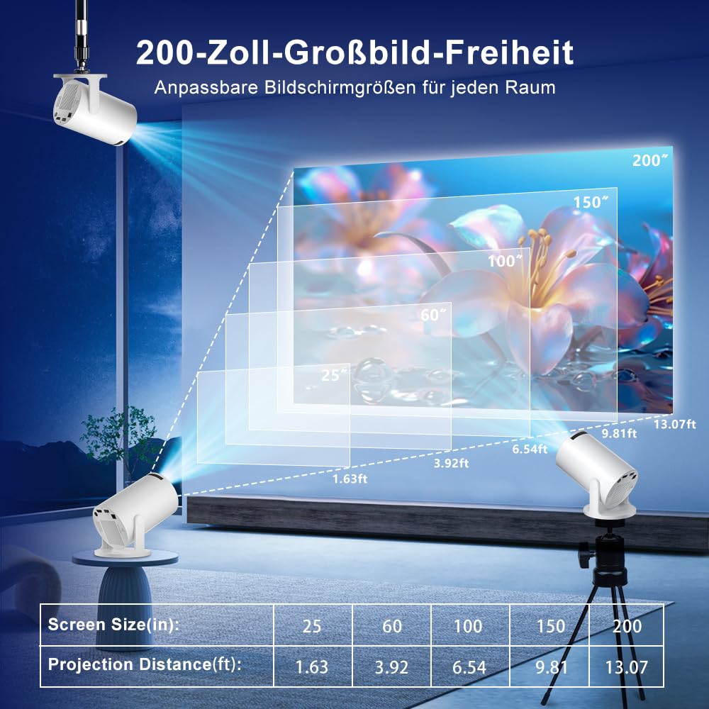 Salange Mini proiettore, supporta 4K WiFi 6 BT5.2, proiettore Android 11.0 home cinema, 180° rotazione Smart Beamer cellulare per Phone/Xbox/Laptop/TV Stick/USB, bianco