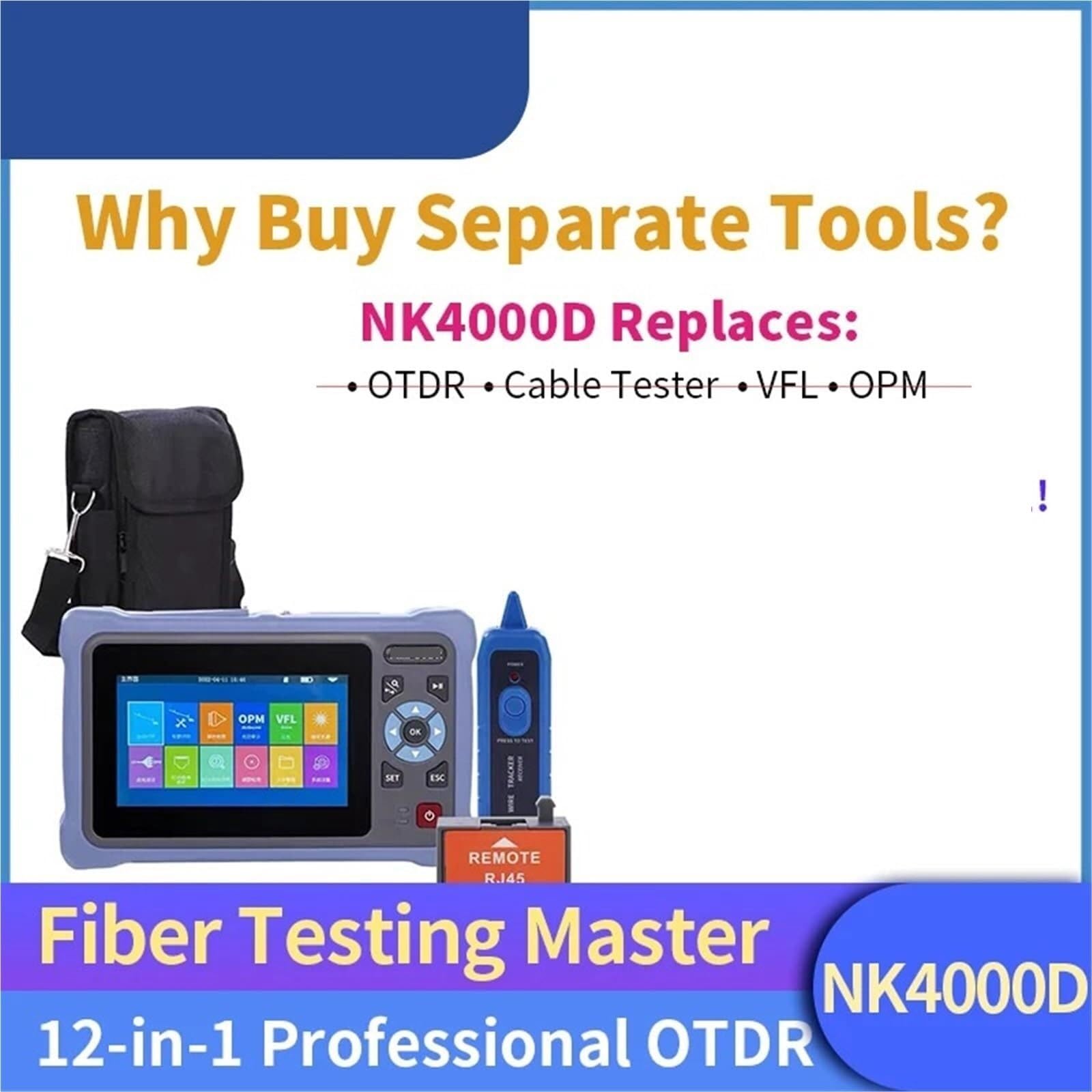 medidor potencia optica Probador De Cable Fibra Óptica OTDR 12 En I 1310 1550 1610nm NK4000D Pantalla Táctil VFL OLS Mapa Eventos para cables, cables y líneas de PCB(UPC)