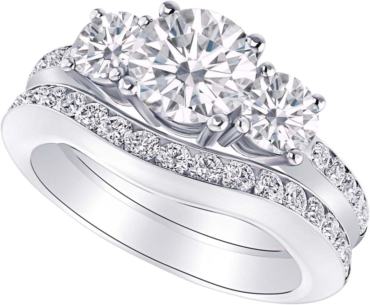 Houston Diamond District 1 to 8 Carat Round Cut LAB GROWN Diamond Three Stone Wedding Bridal Set (Color H-I Clarity VS1-VS2)