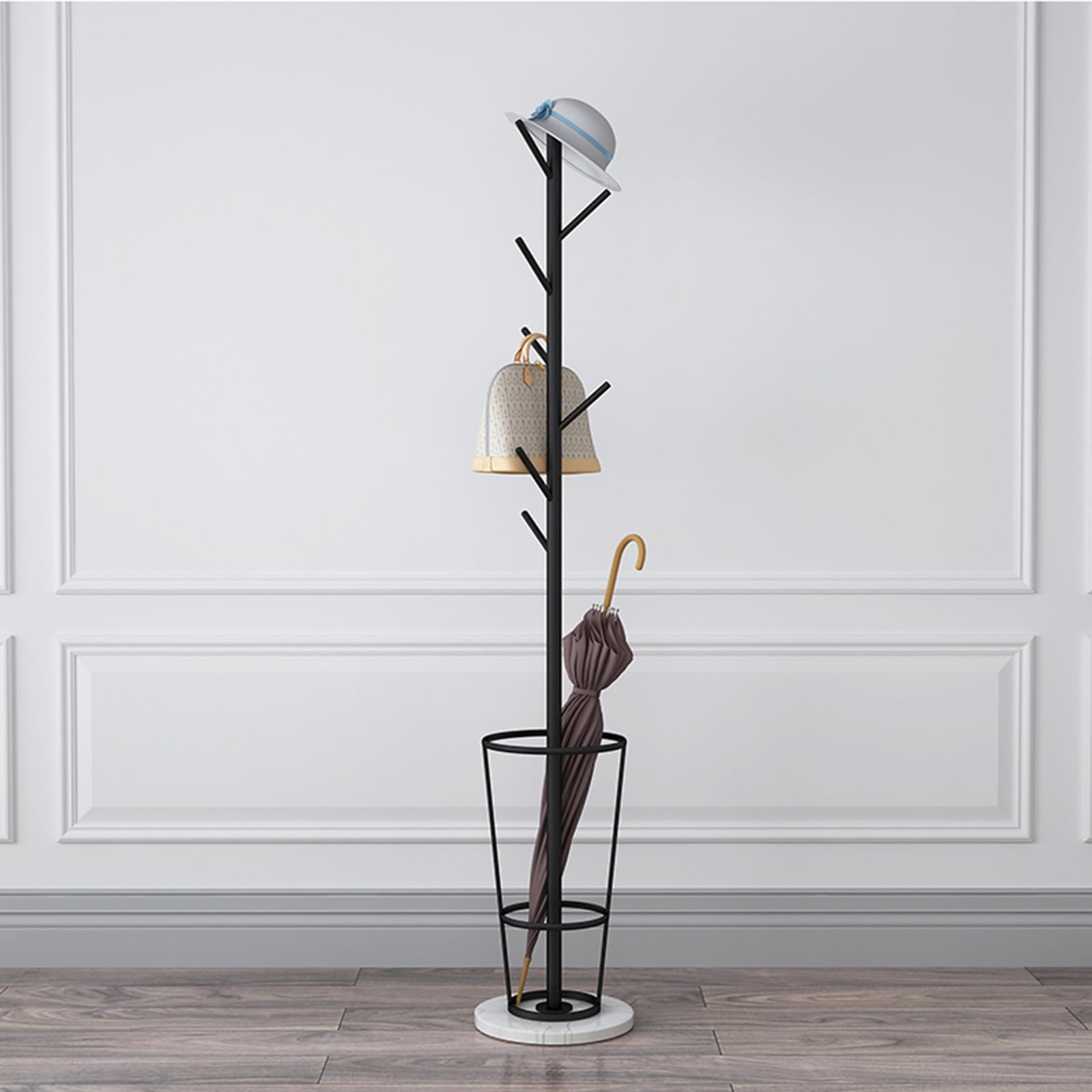 Portaombrelli moderno con appendiabiti, in metallo, indipendente, per interni, design vintage (nero e bianco), soluzione di archiviazione elegante e funzionale