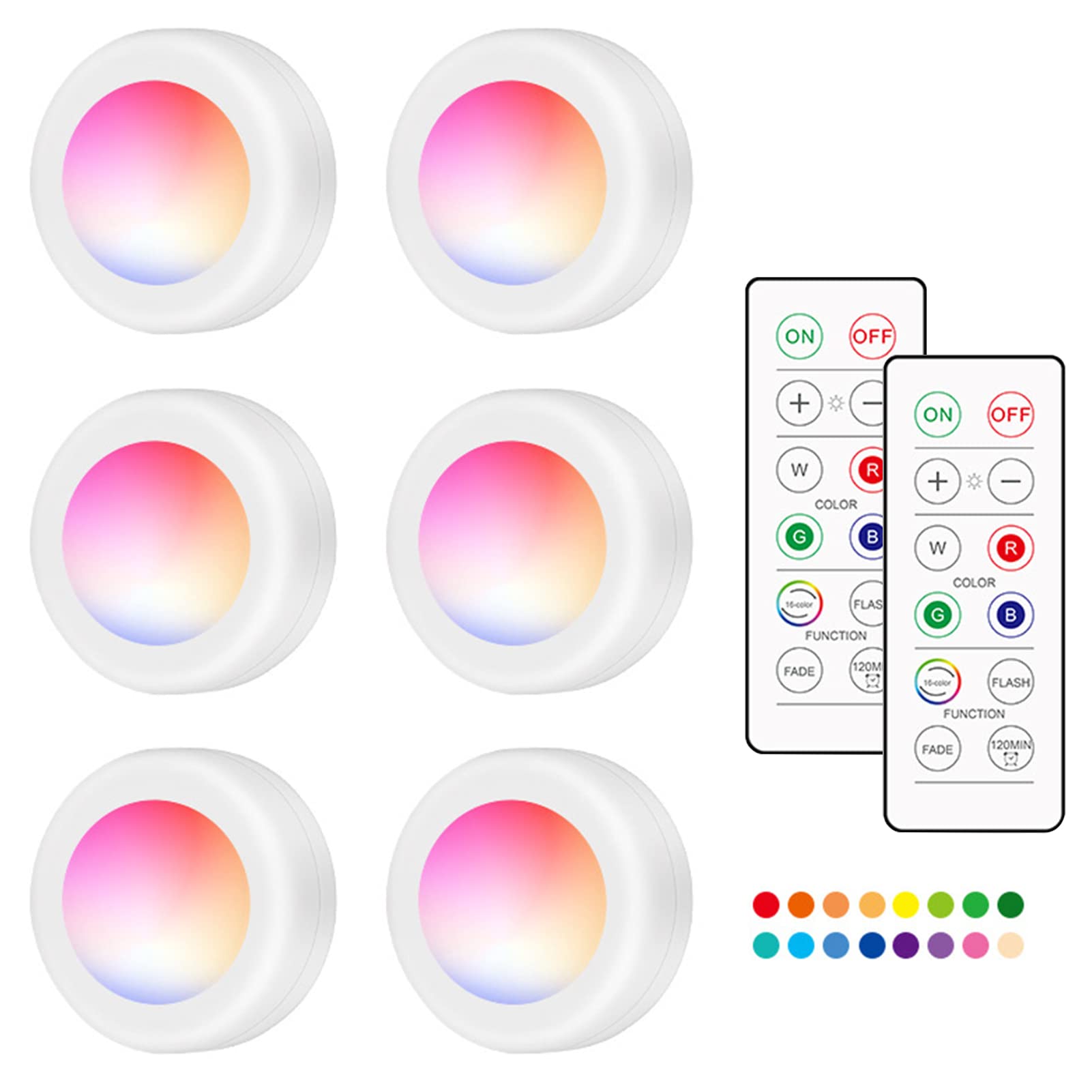 16 Colors C RGB LEDs Under Cabinet Lamp Puck Light 6 PCS with 2 * Controller 10 Levels Brightness Adjustable Dimmable 120Mins Timing Supported 16 Colors C/Flash/Fade 2 Lighting Modes