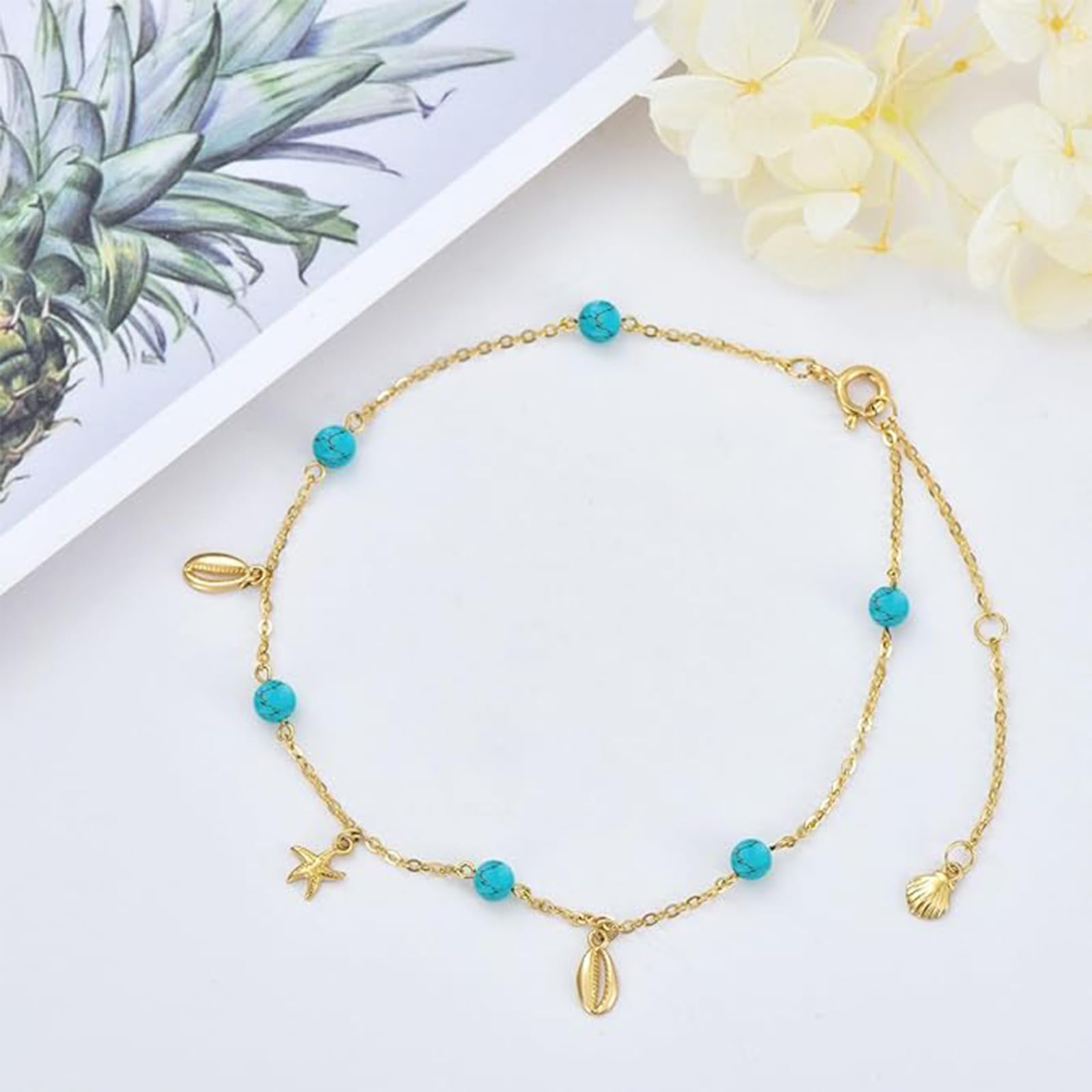 375/9K Echtgold Seestern Muschel Fußkettchen für Damen, Gelbgold Türkis Muschel Quaste Fußkettchen, Ozean Schmuck Geschenk, Jahrestag Geburtstag für Ehefrau Mutter Freundin, 20+5 cm