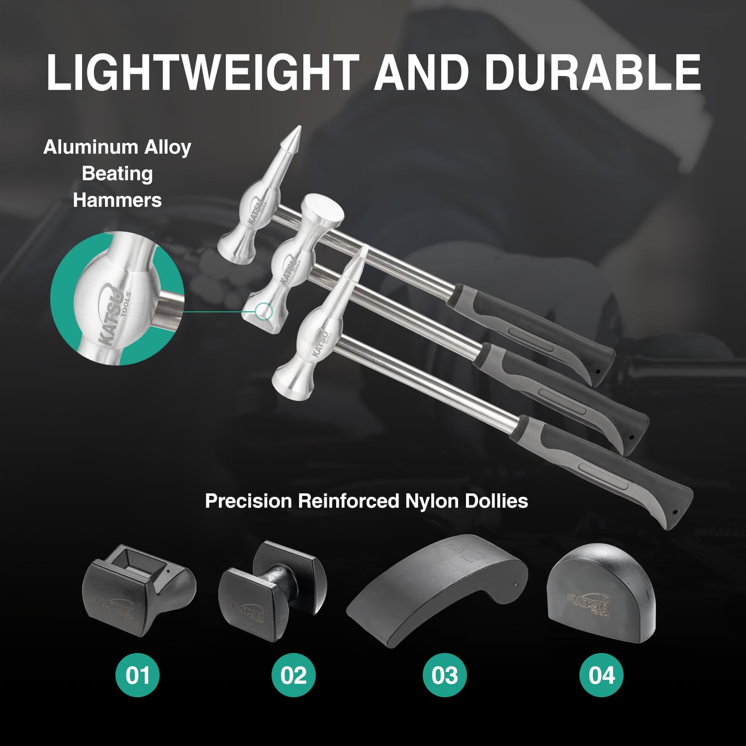 KATSU Tools Set di 7 attrezzi professionali per riparazione ammaccature, in lega di alluminio, carrelli in nylon, leggeri, per la rimozione di ammaccature e carrozzeria, 454232