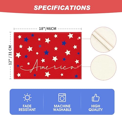 Miniatura 6 de Artoid Mode Juego de 8 manteles individuales para mesa de comedor, 12 x 18 pulgadas, diseño de estrellas rojas y azules de Estados Unidos para el 4