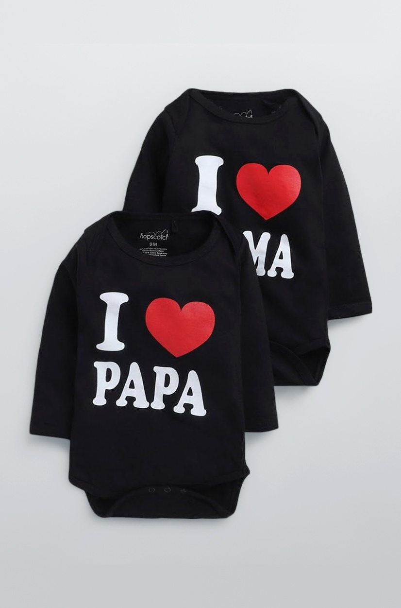 Boys and Girls Cotton Text Print Bodysuit Pack Of 2 in Black Color