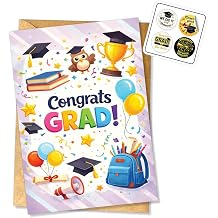 Congrats Grad Card, Pastel School Icons Graduation Greeting Card | 8x5.3 Inch Preschool Kindergarten Graduation Card Gifts for Graduate, Cute Pastel School Icons Congratulations Greeting Note