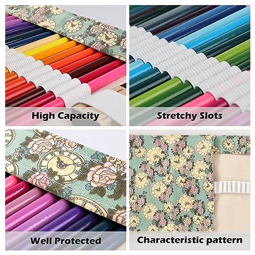 Image of Surblue Canvas Pencil Case Pencil Roll Wrap with 72 Slots Coloring Pencil Holder Organizer Paint Brush Storage Pouch Portable for Artist, Writer(Green Clock