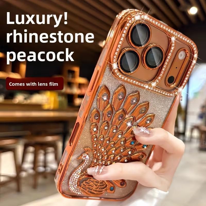 Image of mobistyle Designed for iPhone 17 Pro,3D Diamond Luxury Electroplate Glitter Peacock Tail Bling Design Camera Protection Shockproof Phone Back Cover Case for (Orange, iPhone 17 Pro)