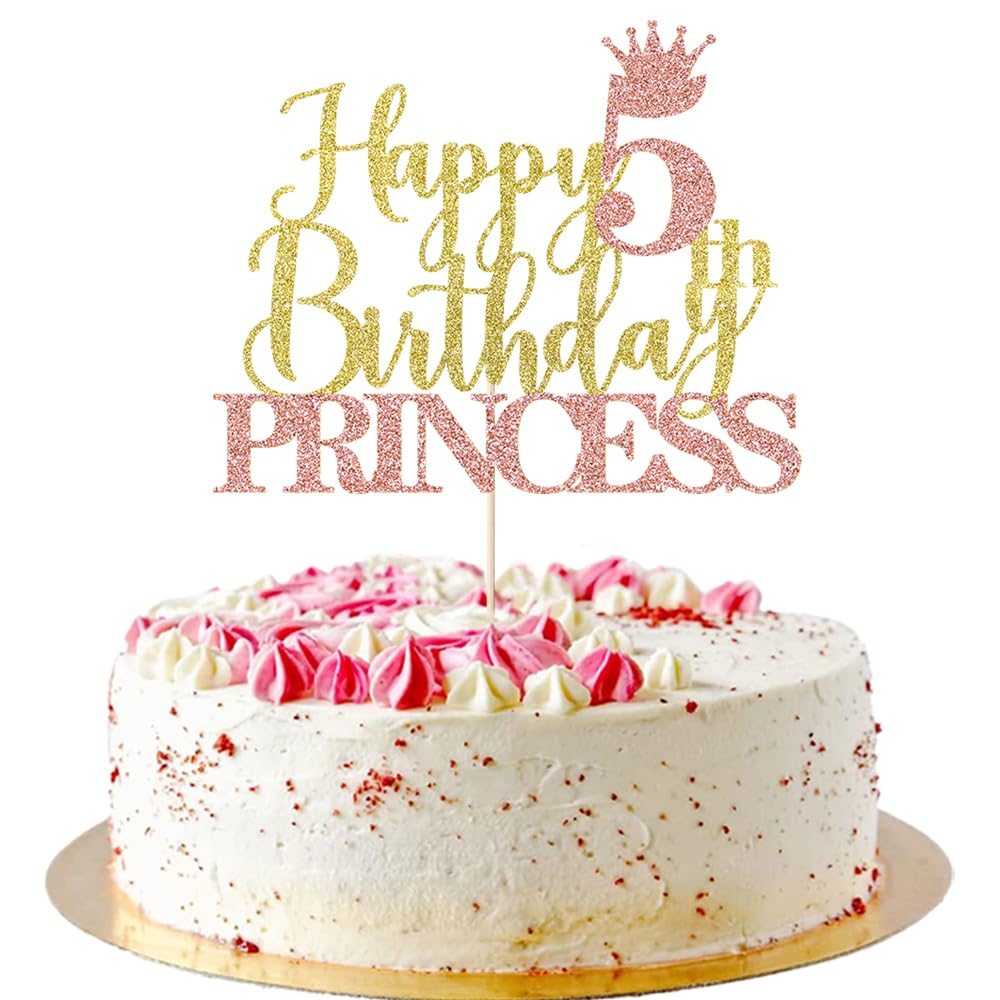 AROKIPPRY Princess 5th Birthday Cake Topper - Crown Girl baby shower, Gender reveal,girls 5th birthday party decoration supplies Pink & Gold Glitter