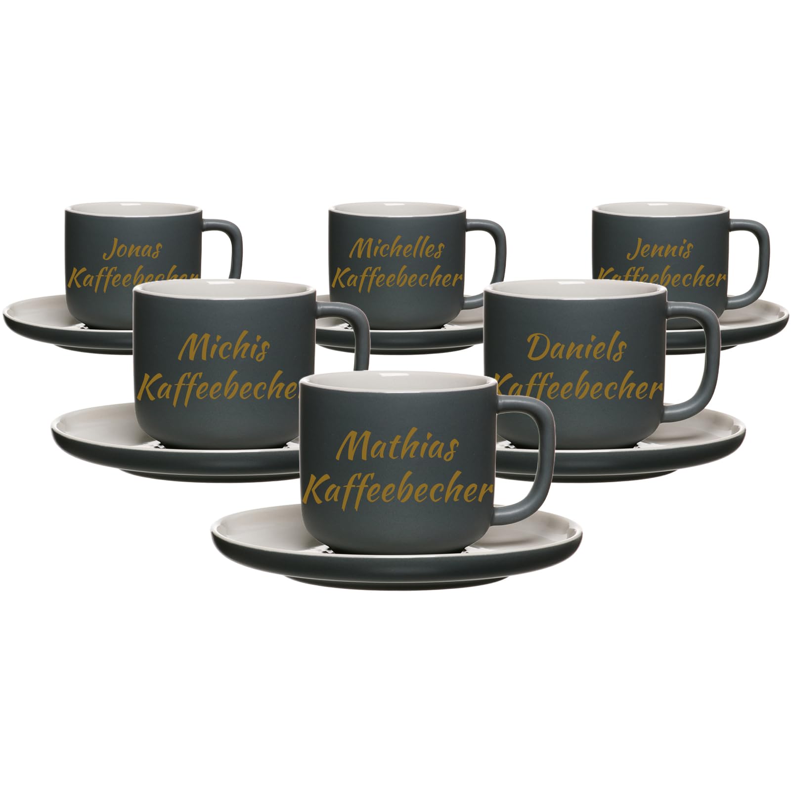 Kaffeebecher mit Gravur & Untertasse, Grau, 200 ml, 6 Stück