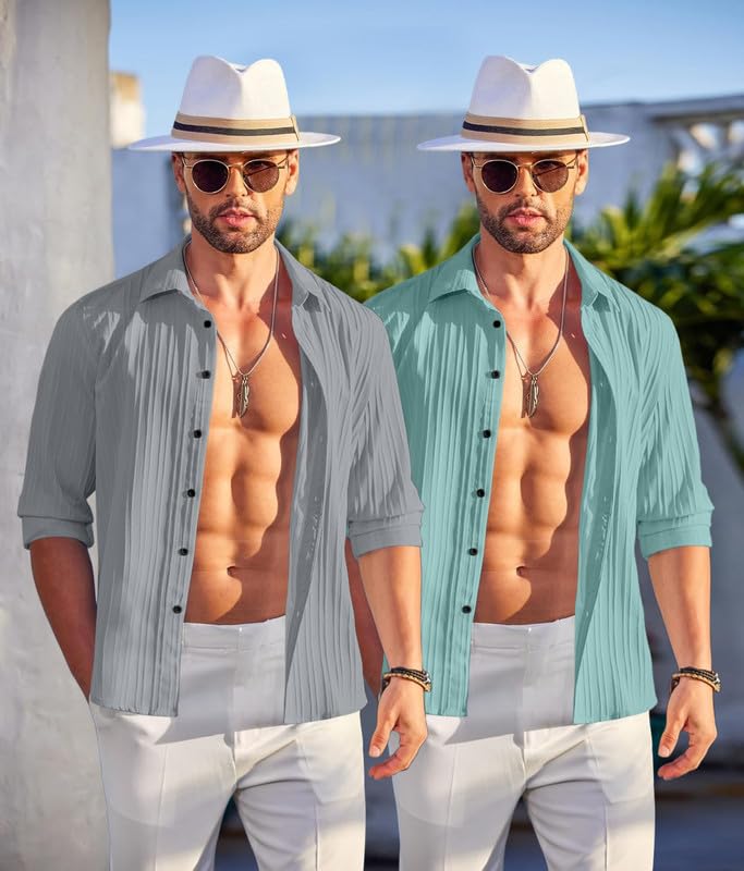 Image of FINIVO FASHION Men's Cotton Blend Shirt Set Lightweight, Full Sleeves, Plain Texture, Button Closure, Summer Ready (Pack of 2)