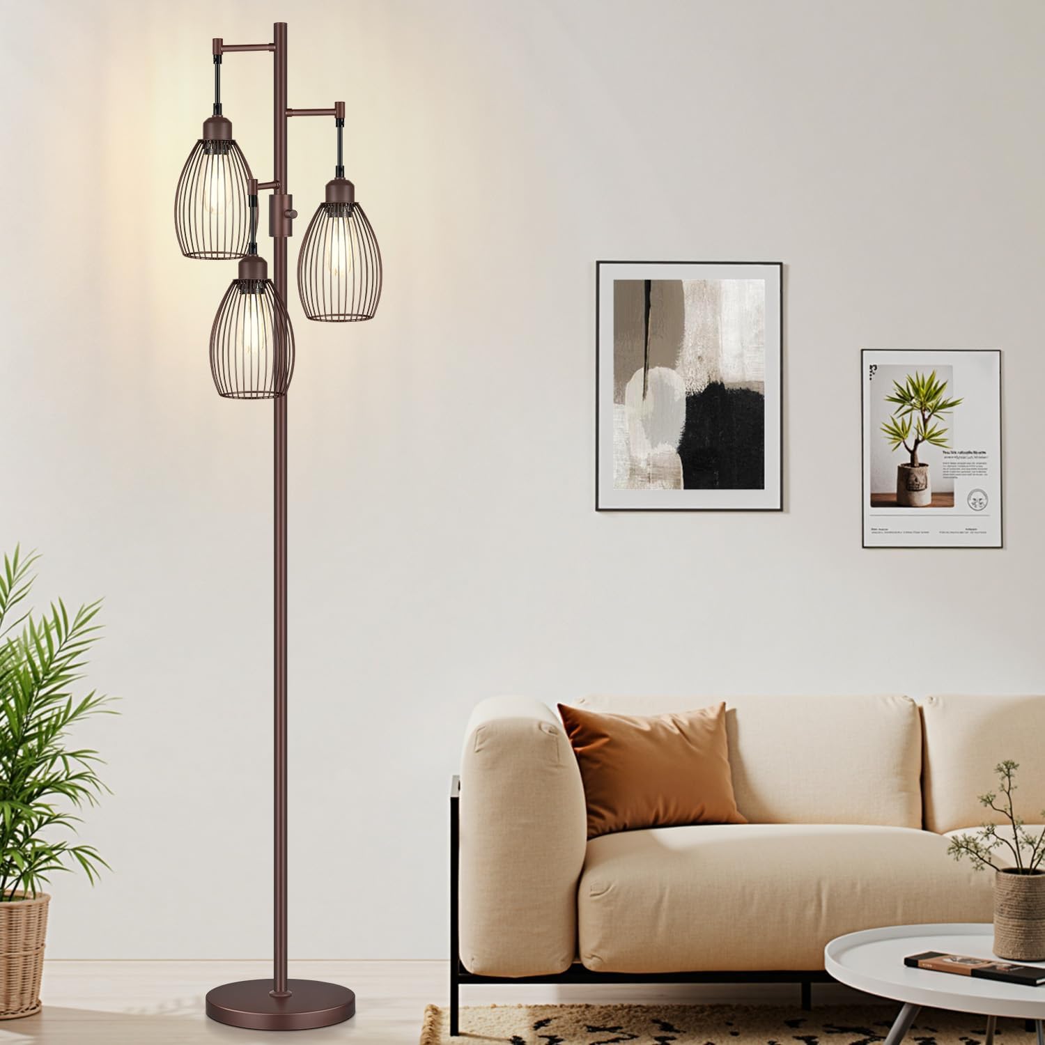 Nintiue Dimmable Floor Lamp,3x800LM LED Bulbs Included, Farmhouse Industrial Floor Lamp Standing Tree Lamp with Teardrop Cage Head Tall Lamp for Living Room Bedroom Office Dining Room – Matte Brown