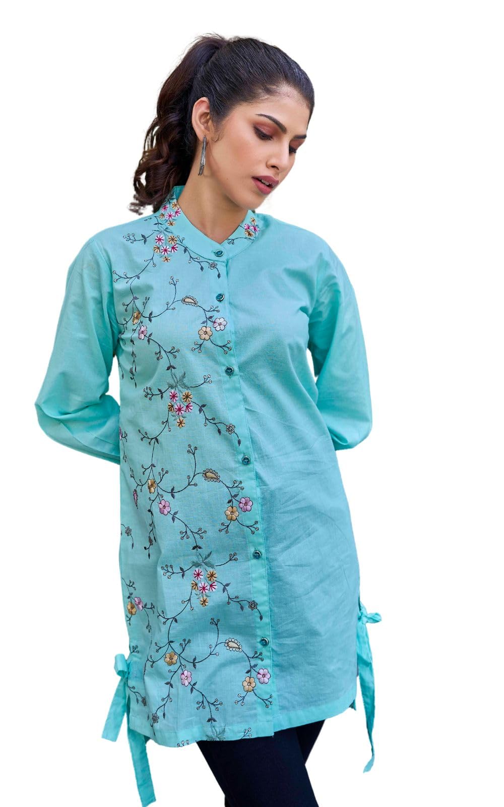Women's Cotton Embroidered Min Tunic with Mandarin Collar Full Sleeves Straight Length