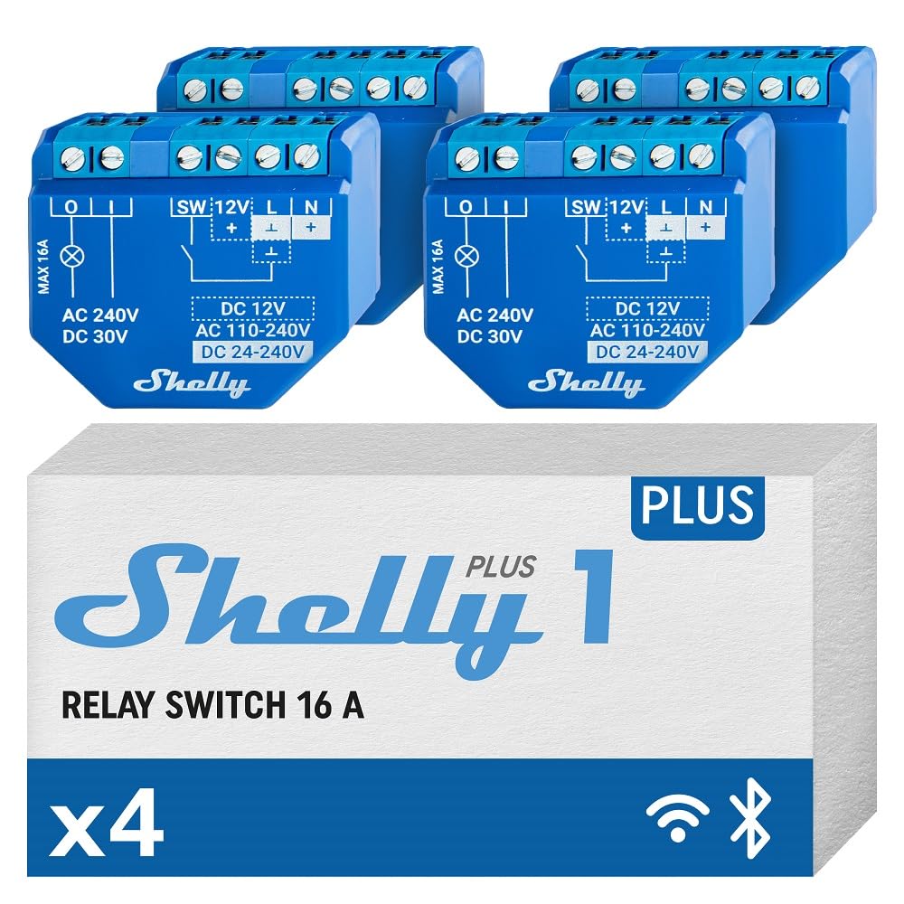 Shelly Shelly Plus 1 - Module interrupteur connecté Wi-Fi 16A, Contacts secs, Lumières & Ouvre-porte de garage sans fil, App iOS Android, Compatible Alexa Google Home - Lot de 4