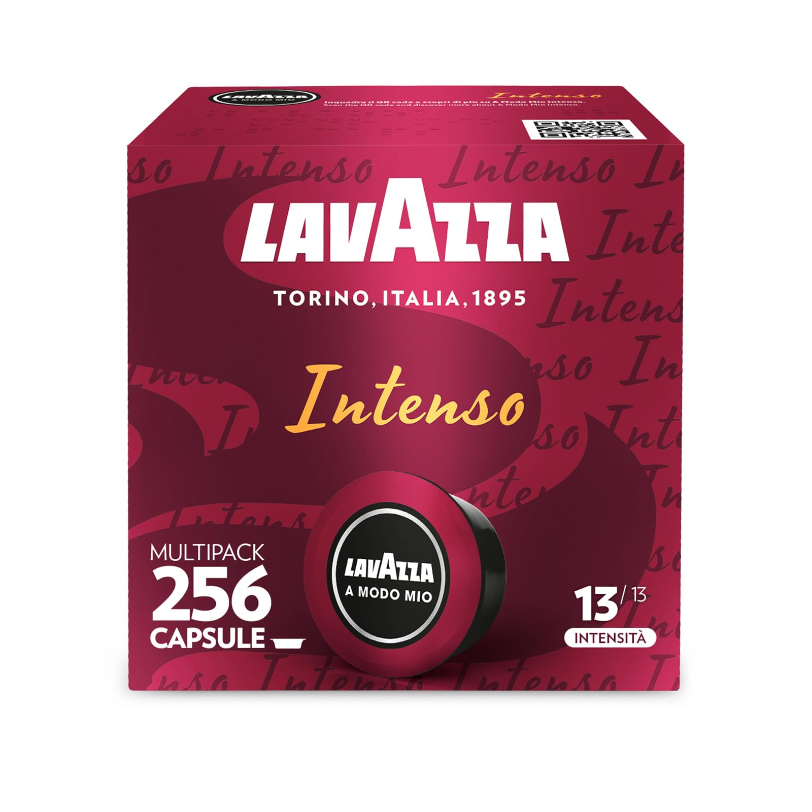 Lavazza A Modo Mio Espresso Intenso, 256 Capsule Caffè, per un Espresso con Note Aromatiche di Cacao e Spezie, Arabica e Robusta, Intensità 13/13, Tostatura Media, 16 Confezioni da 16 Capsule