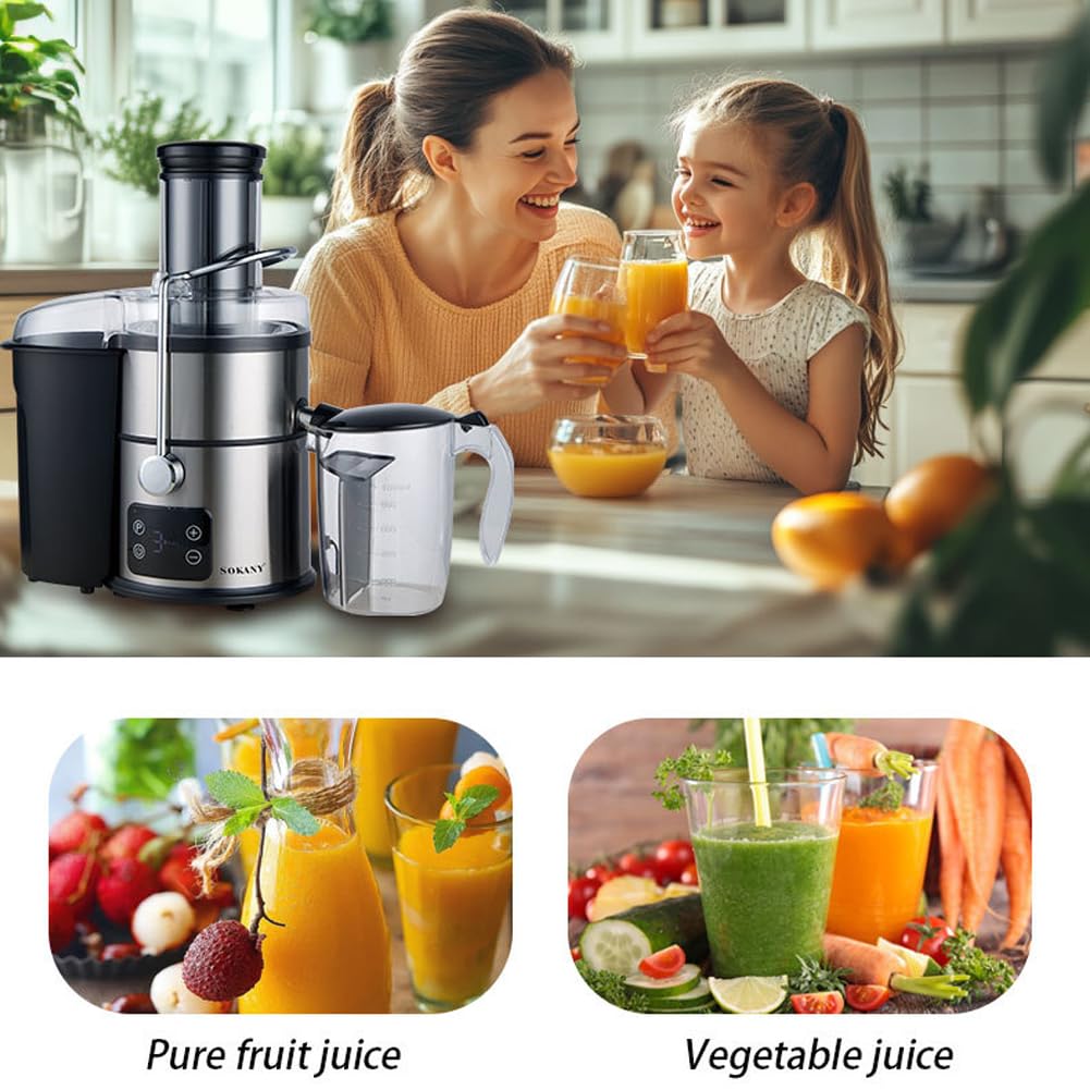 SOKANY 1200W Entsafter Gemüse und Obst, LCD Touchscreen und Quick-Juicer mit optimierter Saftausbeute, Große 85 mm Einfüllöffnung, 5 Geschwindigkeitsstufen, Einfach zu Reinigen, Schwarz/Edelstahl