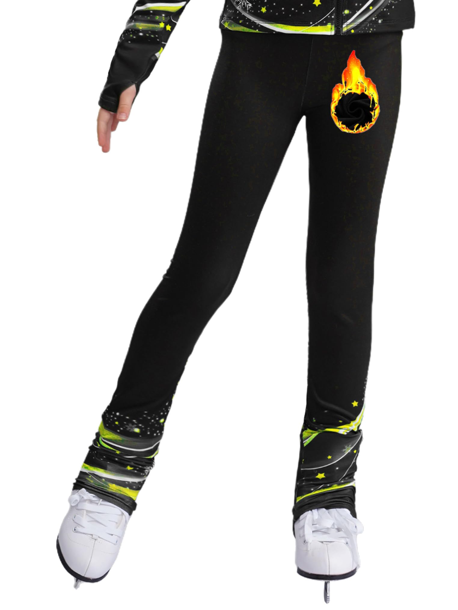 YEAHDOR Kids Girls Printed Figure Skating Pants High Waist Fleece Practice Ice Skating Leggings Gym Tights Fluorescent Yellow 14 Years