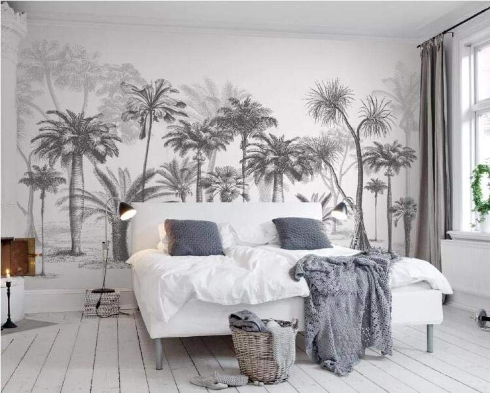 Papier peint forêt tropicale noir et blanc mural panoramique style croquis 3D