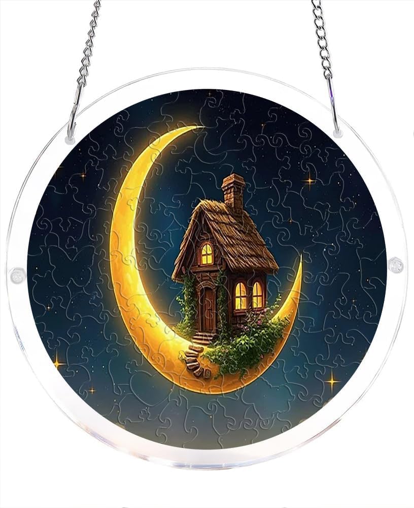 Moon House with Cottage On Crescent Moon Night Sky Stars Acrylic Jigsaw Puzzles Suncatcher, 8.9 Inch Window Hanging Suncatcher Acrylic Puzzle, DIY Home Decor Art Gift