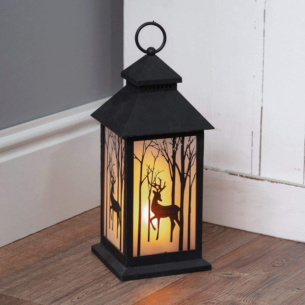Santa's Workshop Christmas Lantern Winter Forest Lantern with Forest and Deer Silhouette + LED Flickering Effect