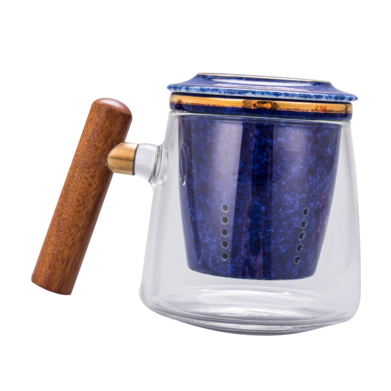 Glass Tea Cup with Wooden Handle 400ml, Blue Gemstone Ceramic Inner Liner Office Coffee Mug, Anti-Slip Filtered Teacup for Home and Work Use, Set