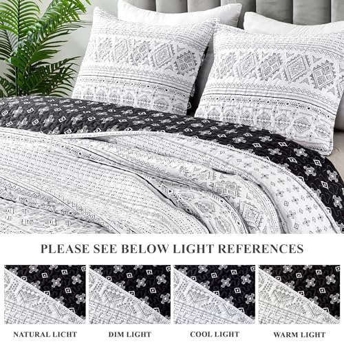 Image of Andency Black White King Size Quilt Set, 3 Pieces Boho Lightweight Soft Striped Bedspread for All Season (106 inchx96 inch), Printed Bohemian Polyester Reversible Coverlet Comforter Sets