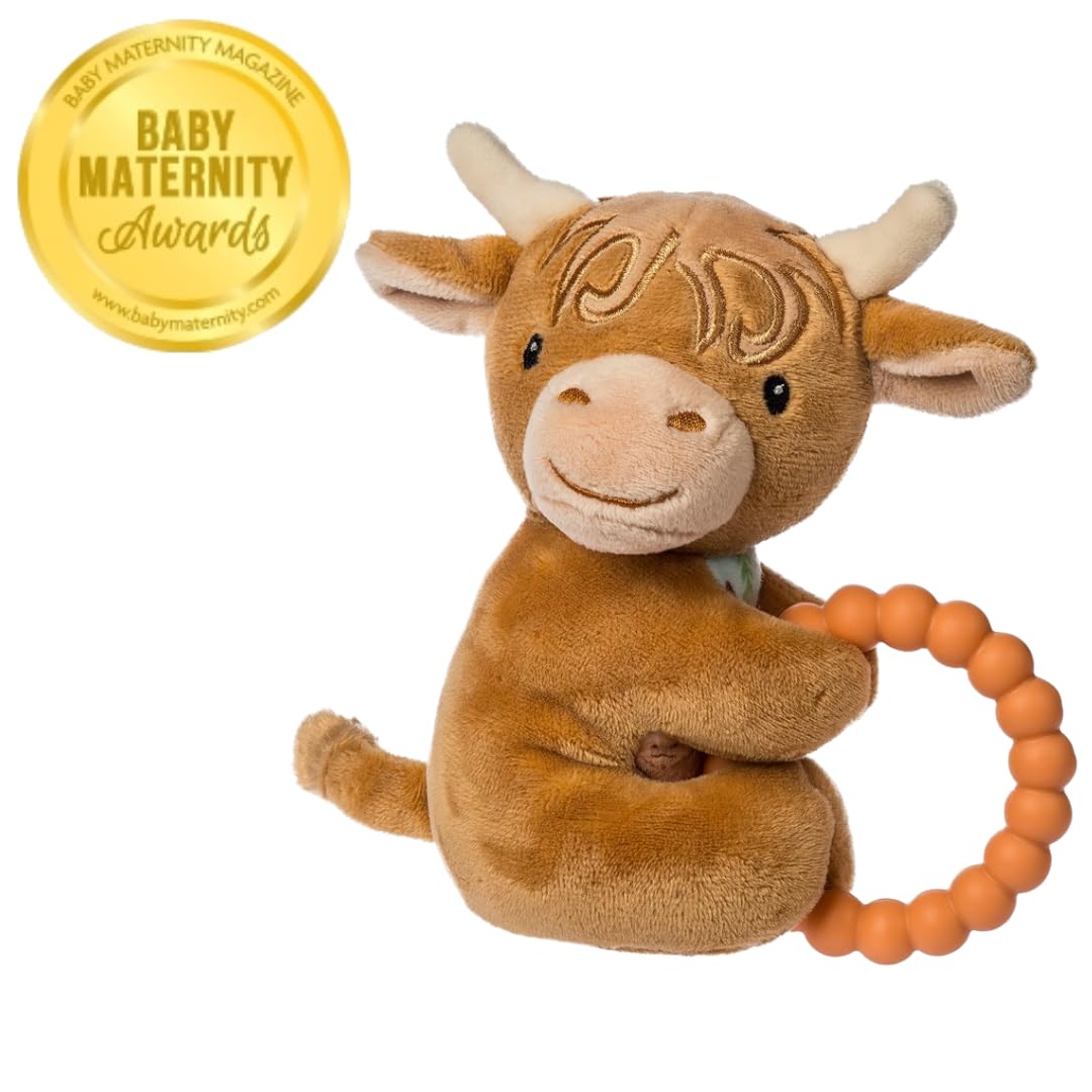 Mary Meyer Soft Baby Rattle with Soothing Teether Ring, 6-Inches, Hetty Highland Cow