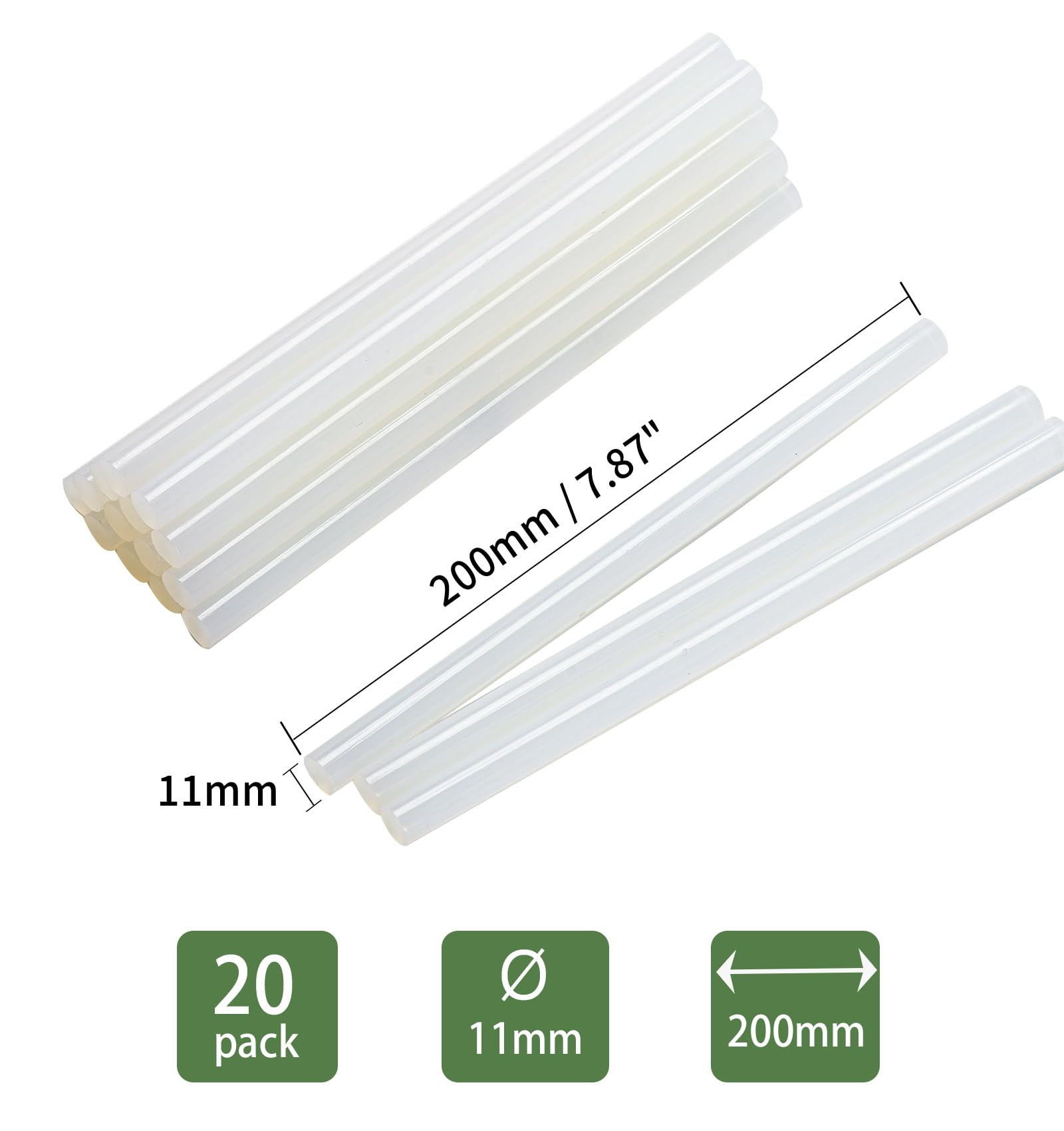 20 Pz Colla a Caldo Bastoncini 11x200mm Stick Colla a Caldo 11mm per Pistola Colla a Caldo,Trasparente e Ad Asciugatura Rapida,per Fai da Te,Artigianato,Riparazione e Fissaggio