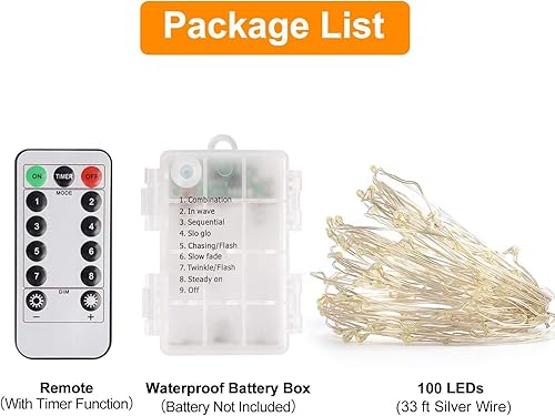 Miniatura 7 de LEDIKON Guirnalda de 100 luces LED de 33 pies con control remoto y temporizador, funciona con pilas AA, luces de Navidad impermeables para