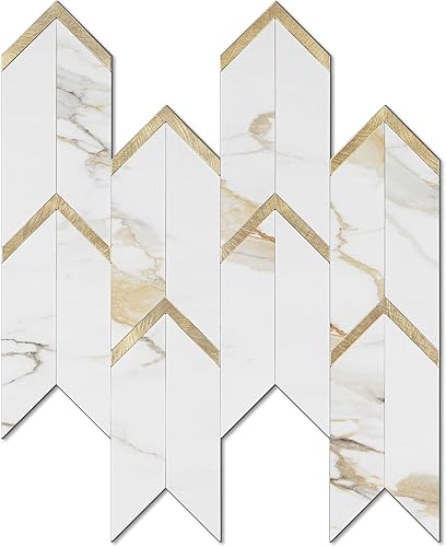 STICKGOO Protector contra salpicaduras de 10 hojas de espiga para cocina y baño, azulejos autoadhesivos de mármol calacatta mixto de metal dorado,