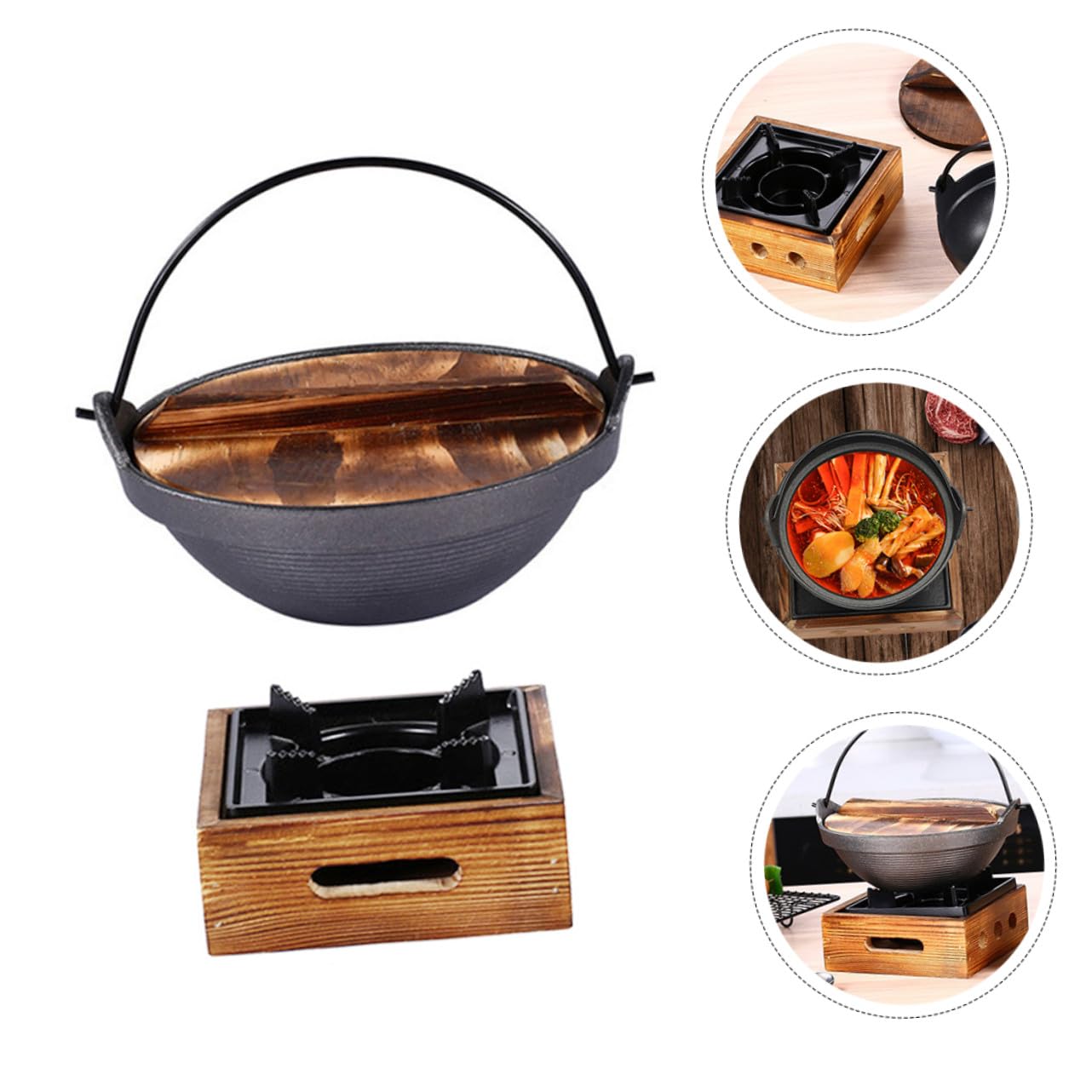 UPKOCH Olla Diseño Resistente de Hierro y Madera Estilo Japonés de Hierro Fundido para Cocinar Fideos Instantáneos con Material Seguro Adecuado para Cocina en Casa