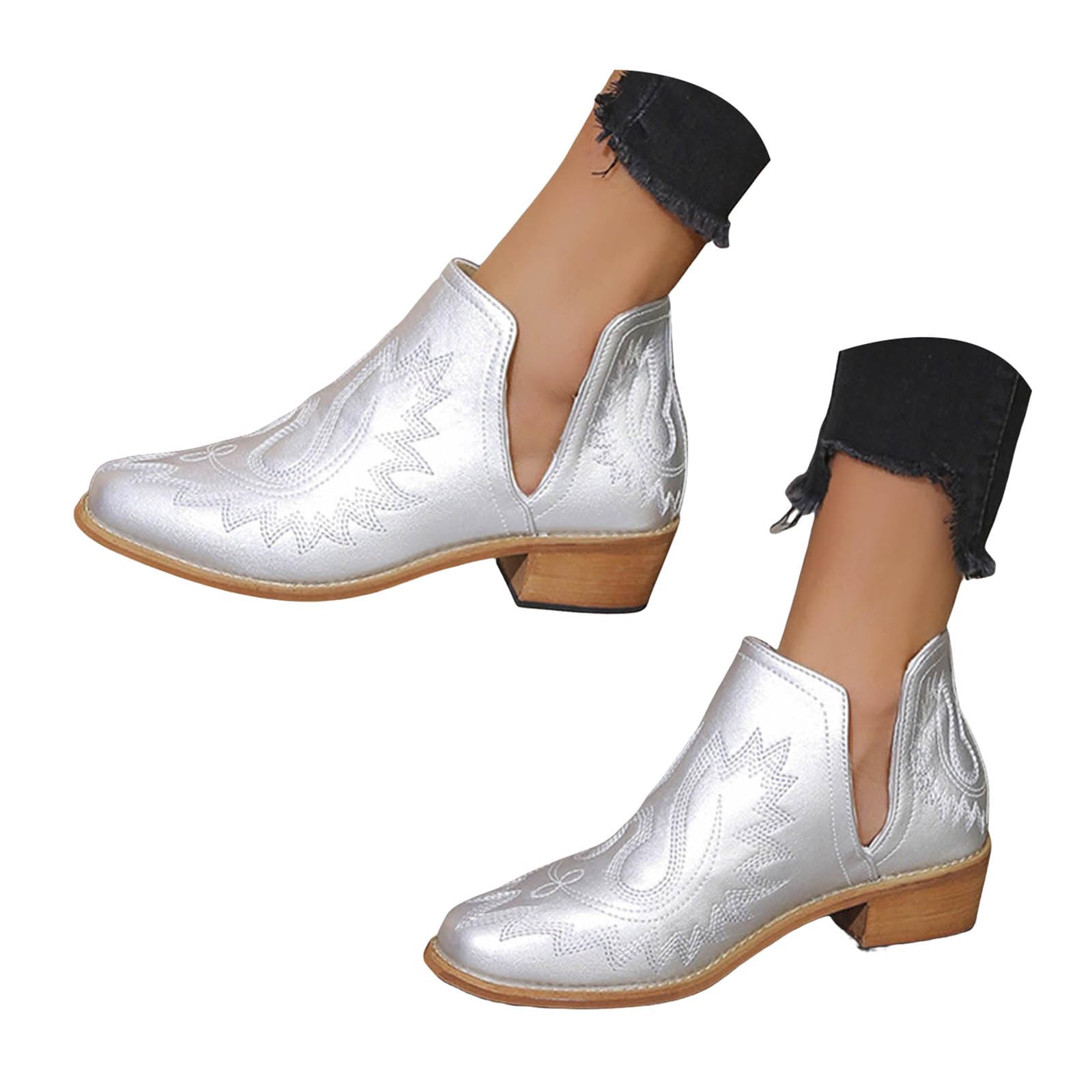 Cowboy Boots for Women Cowgirl Ankle Booties Western Embroidered Stitched Pointed Toe Cutout Chunky Low Heels Retro Short