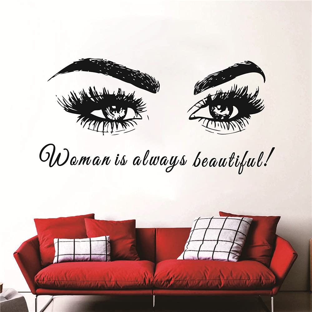 YOYOYU ART HOME DECOR Home Interior Decor Eyes Wall Sticker Beauty Salon Eyelash Lashes Decal Eeybrows Quote Sayings Decoration for Bedroom TM-65 (Woman is Always Beautiful)